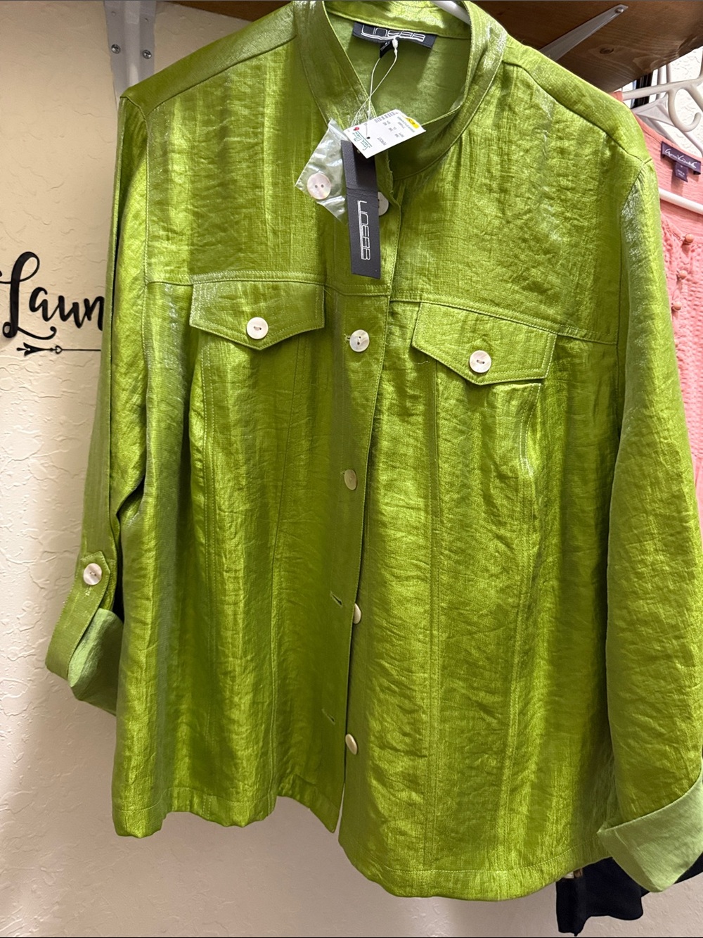 Linear Bright Green Button-Front Shirt Jacket